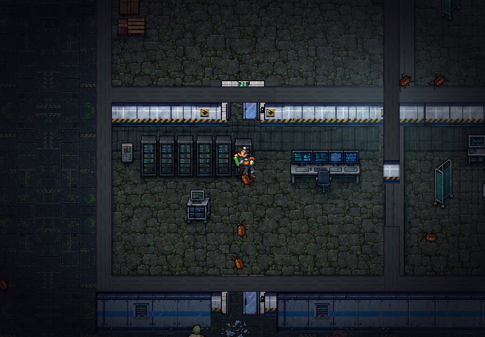 Gus in a lab sublevel with server racks and a glass door.